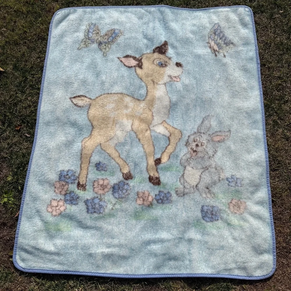 Vintage Deer Bunny Butterfly Flowers Plush Minky Blanket Blue 42x54 GUC